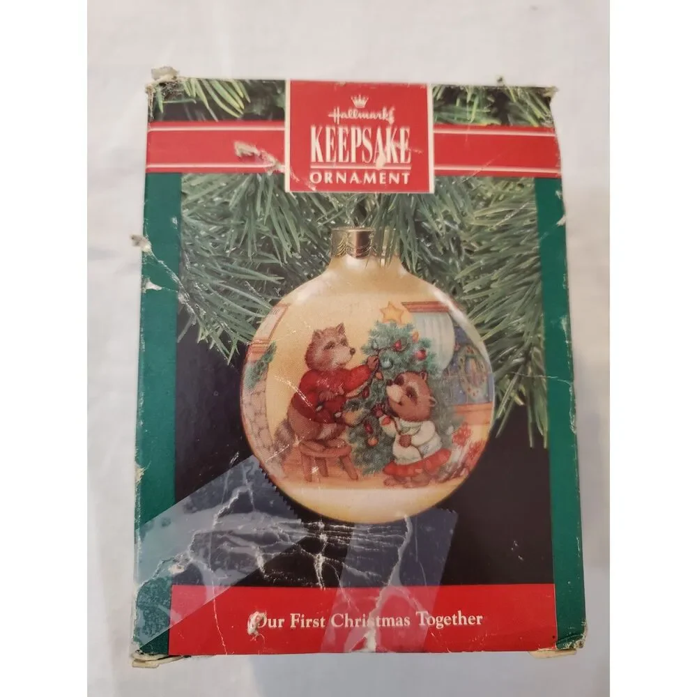 Hallmark 1990 Keepsake Ornament Our First Christmas Together Glass Ball Raccoons